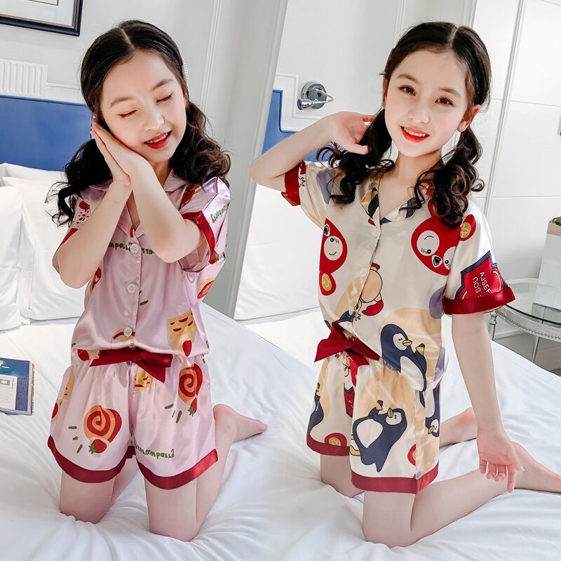 儿童睡衣男童薄款短袖真丝 夏中大童女孩真丝家居服易福达厂家直销